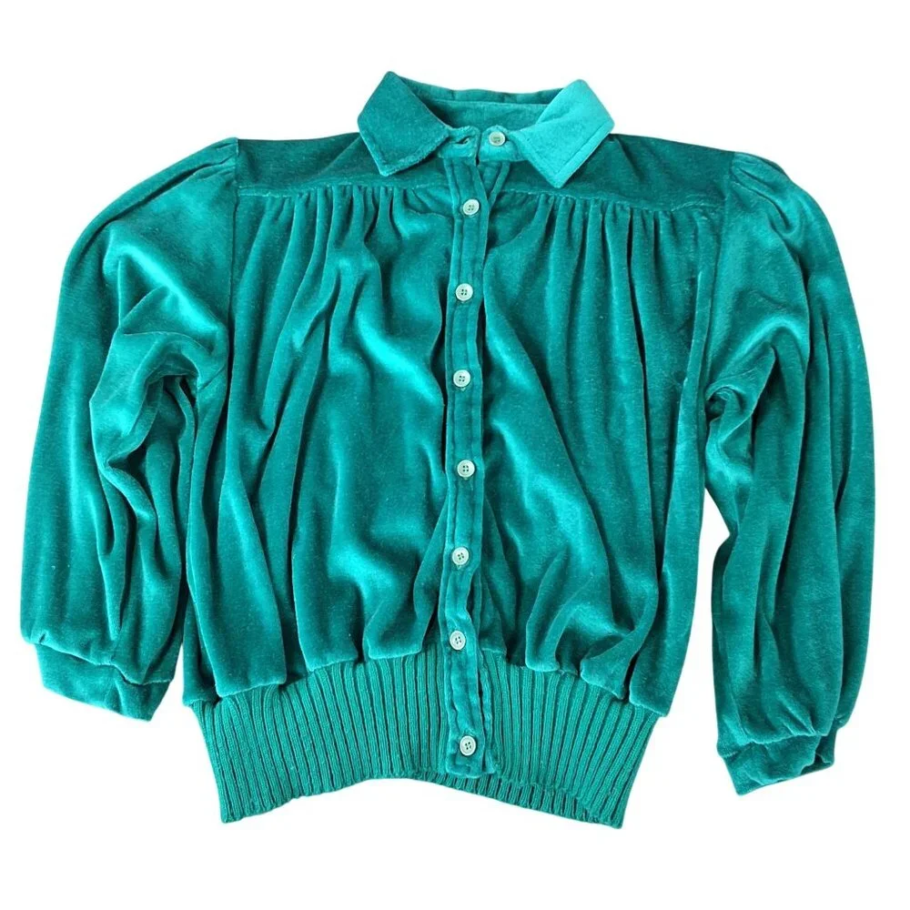 Vintage Fashion Bug 70/80's Teal Velour Button Up Top Ribbed Band 3/4 Sleeve Med - Picture 5 of 10